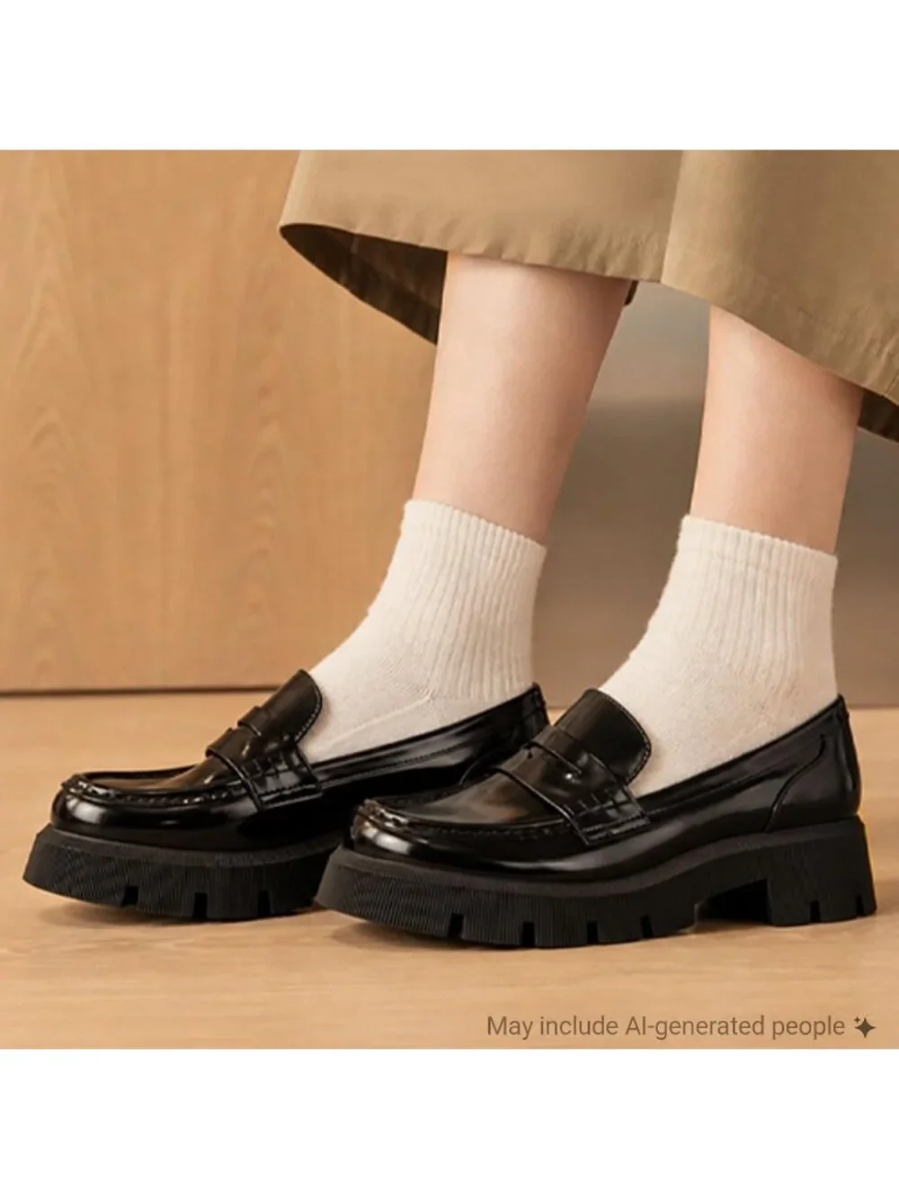 Women's Black Patent Round Toe Heeled Chunky Lug Sole Slip On Penny Loafer Shoes